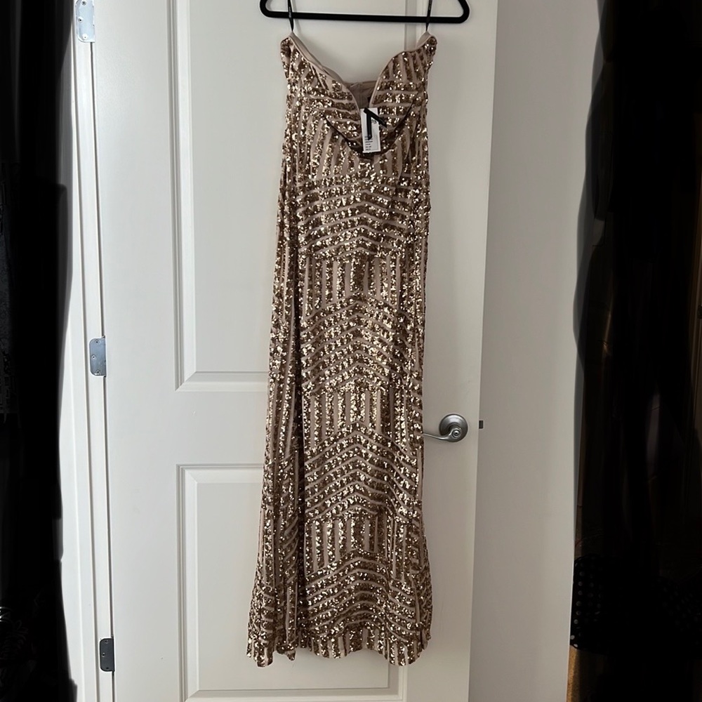 New with Tags - Strapless Gold Sequined Gown with Train